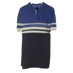 Desigual Men's‎ Sz XXL Blue/Black/White Striped Graffiti Button Front Polo Shirt